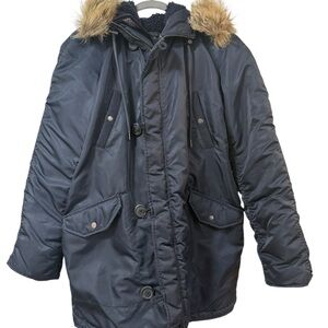 J Crew parka coat faux fur hood navy nylon woman’s SMALL winter warm